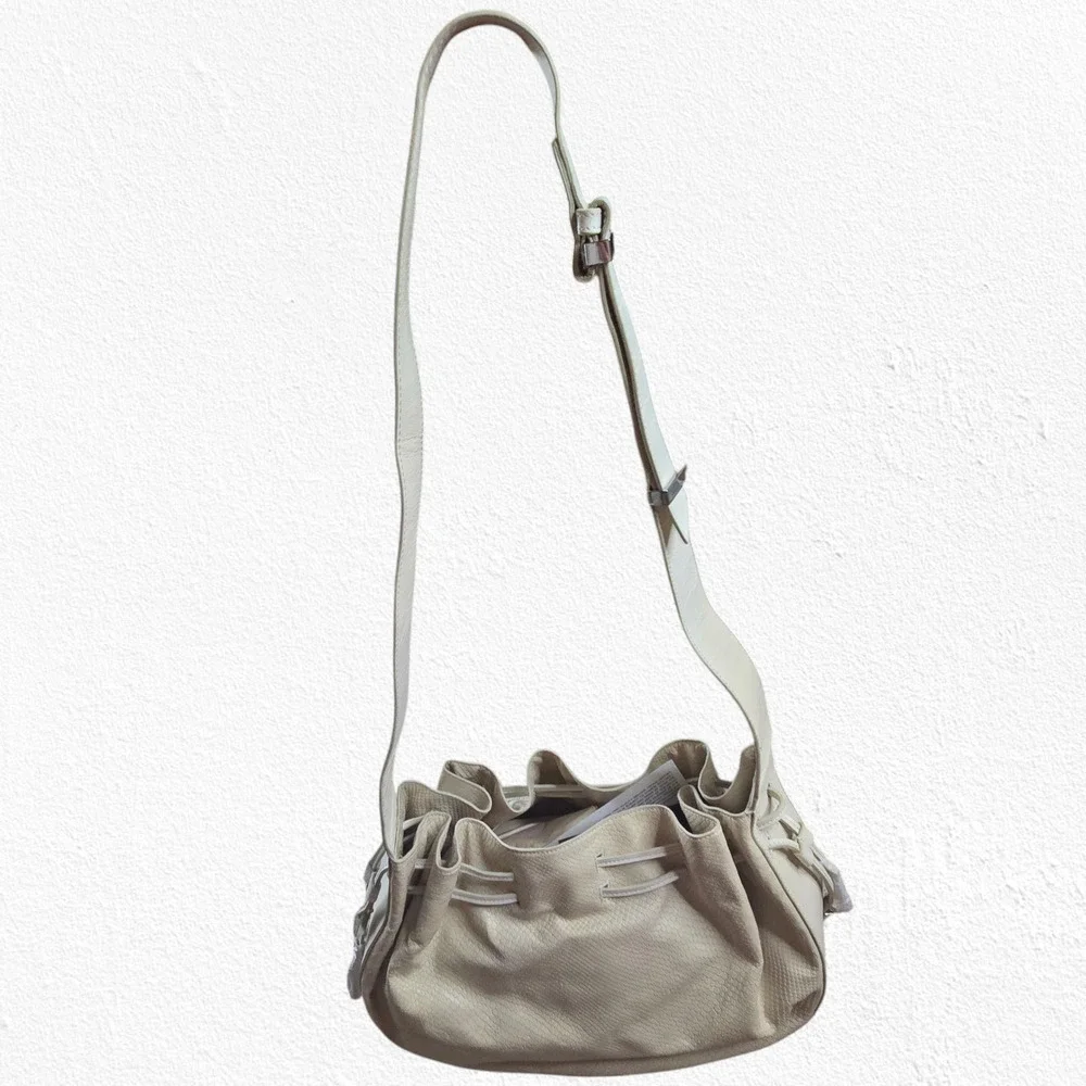 Halston Heritage Snakeskin Leather Drawstring Shoulder Bag Ivory Designer Purse